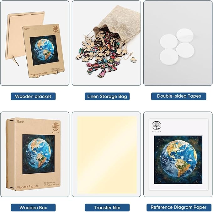 Space Earth Wooden Puzzles for Adults, Circle Blue Planet Jigsaw Puzzles 500 Pcs, 15.9x15.9in, Unique Shaped Cool Adult Puzzles, Wood Puzzles Creative Gifts for Adults and Kids Family Game