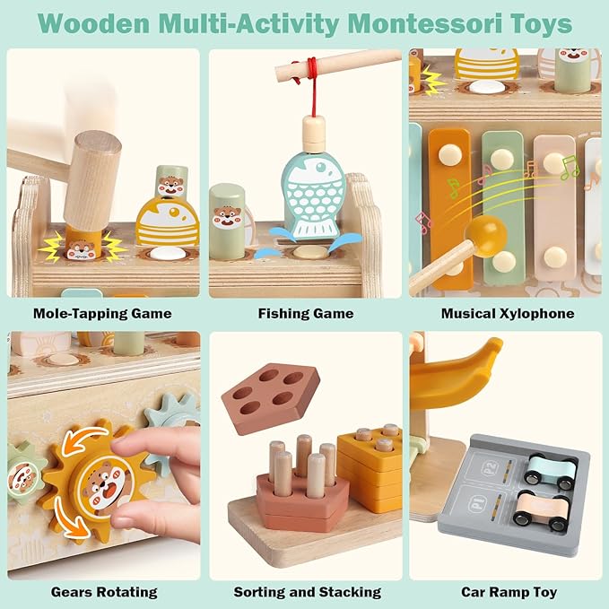 Wooden Montessori Toys for Toddlers 1-3, Baby Pounding Hammering Toy with Xylophone & Fishing Game, Car Ramp Racer, Stacking Blocks & Shape Sorter, 3 in 1 Learning Multi-Activity Set for 1 + Year Old