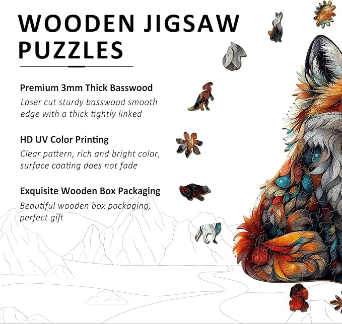 Wooden Puzzles for Adults - Artistic Fox Wood Puzzles Adult - Unique Animal Shape Wooden Jigsaw Puzzles for Adults - Birthday Gifts for Puzzle Lovers, Family (11.4 * 11.4in)
