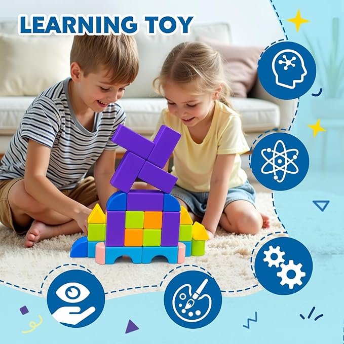 Magnetic Building Blocks, 37PCS Magnetic Blocks for Kids Ages 4-8, 3D Multi-Shape Stacking Blocks, Sensory Montessori Magnet Cubes Toys for Boys & Girls Ages 4+