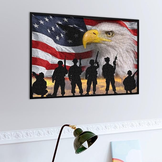 Jigsaw Puzzle for Adults 500 Pieces American Flag Eagle Soldiers Patriotic Leisure Creative Games Wooden Puzzle Game Artwork for Adults Teens Children Toys Gift