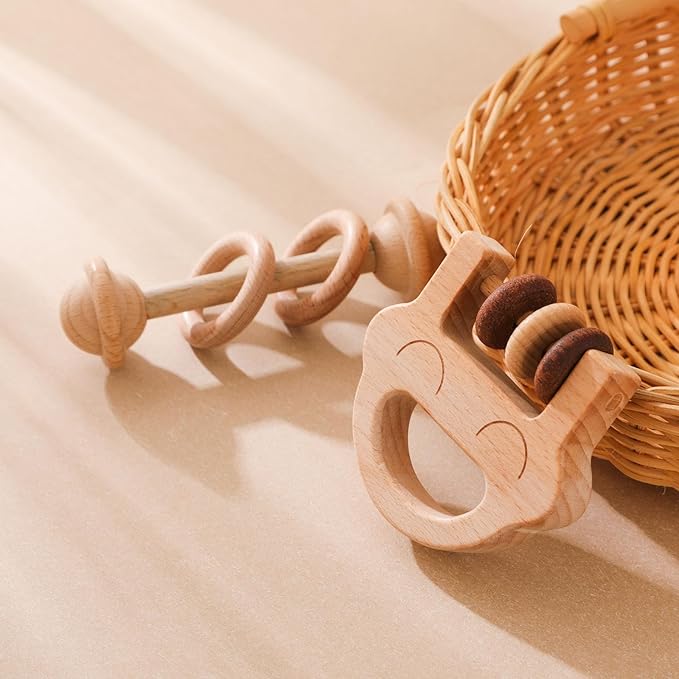 Wooden Baby Rattle, Newborn Wooden Rattle Toy, Natural Wooden Montessori Baby Grip Toy, Baby Gift Toy, Wooden Rattle Set 2PCS
