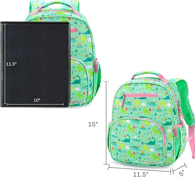 mibasies Girls Backpack 5-8: Lightweight Kids Backpacks for Girls - Girl Bookbag for Elementary School - Dinosaur Forest Light Green
