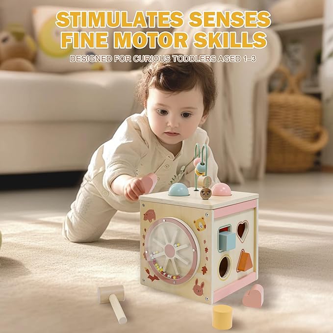 Wooden Activity Cube for 1 Year Old | 7-in-1,Montessori Baby Toys,Educational Toy for Toddlers, First Birthday Gift for Toddlers