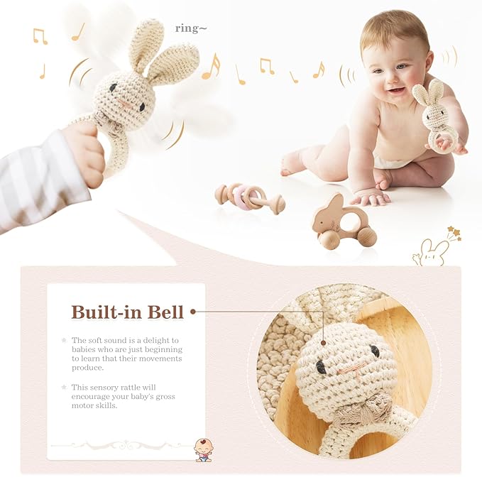Wooden Baby Rattle 3 PCS Push Car Rattle Set Crochet Rattle Ring Wooden Montessori Toy for Newborn Infant Baby Gifts (Rabbit Rattle)