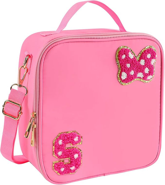 Preppy Initial Bow Mouse Lunch Bag, Kids Insulated Lunch Box Gifts for Teen Girls Daughter, Reusable Soft Lunch Containers Crossbody Cooler Bag Must Haves for Park Travel School Work Picnic Pink S
