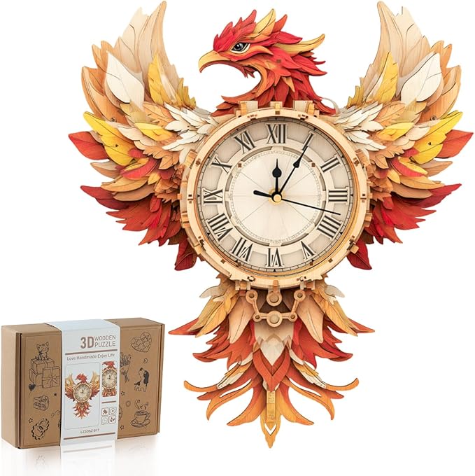 3D Wooden Puzzles for Adults, Phoenix Wall Clock DIY Set, Beginner 37 Pcs Wooden Puzzles, Creative Gift Ideas for Adults Teens