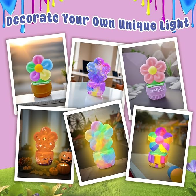 ASIOWELY Paint Your Own Flower Lamp Kit,Arts and Crafts Supplies for Kids Toys Ages 4-6-8-12,DIY Art Night Light Painting Set for Girls Ages 5-10,Birthday Gifts for 3-12 + Year Old Toddler Teens Adult