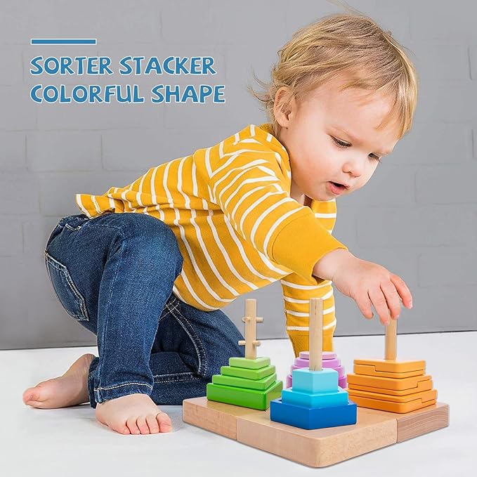 Adena Montessori 4-in-1 Shape Color Sorting Toy for Toddlers - Wooden Educational Toy With Detachable Bases, Gradients of Colors and Shapes for 12-18 Months
