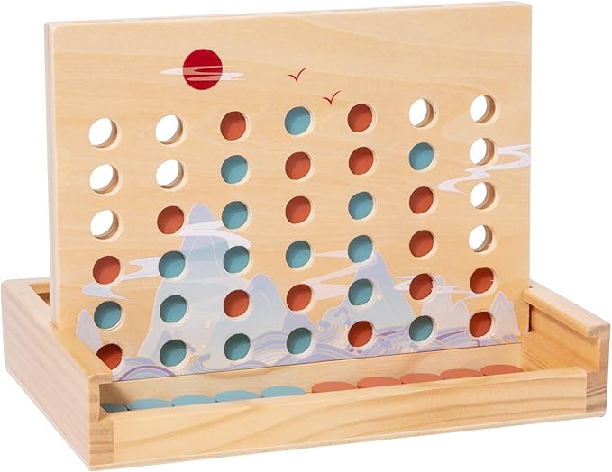 Wooden 4 in a Row Game - Classic Strategy Game for Adults Children-Connecting 4 Same Color Connection Rows- Travel Game Family Checkerboard Game Toys Adult Gift with Unique Printed Patterns.