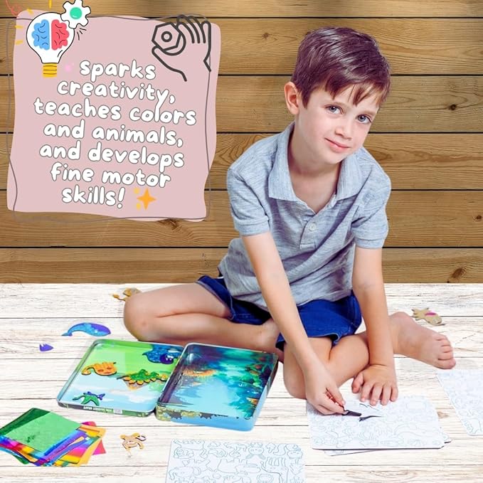 Foil Fun Art Kit for Kids - Reusable Animal Foil Art for Girls & Boys, DIY Mess-Free Girls Craft Kit w/Magnets, Ideal Travel Toy & in Car Activities for Kids Ages 4 5 6 7 8 9 10 11 12