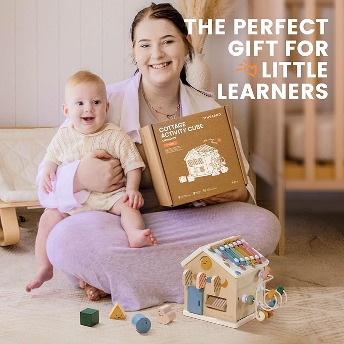 Tiny Land 9-in-1 Wooden Activity Cube, Montessori Baby Activity Center for 1+ Year Old, Educational Toy for Toddlers, Ideal Gift for Boys and Girls (Morandi)