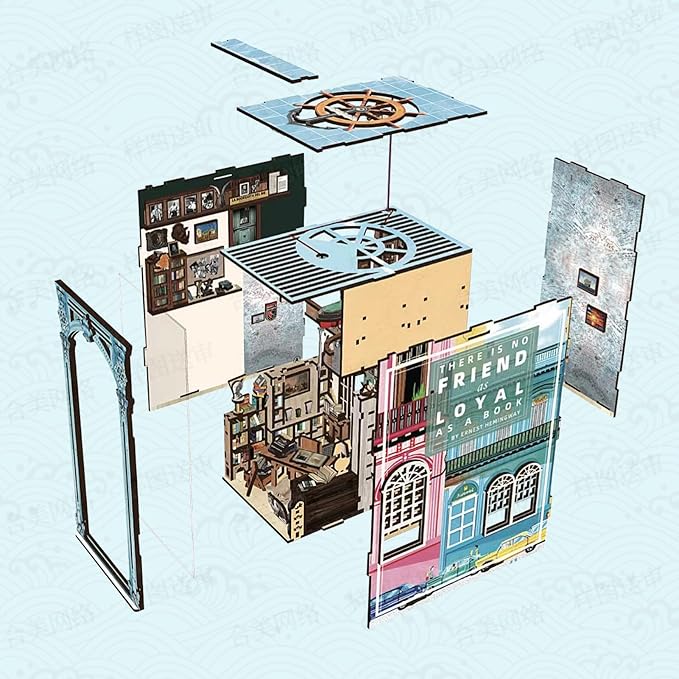 MiniCity DIY Book Nook Kit for Adults, 3D Wooden Puzzle Bookend Bookshelf Insert Decor with LED Light and Dust Cover (Hemingway House)