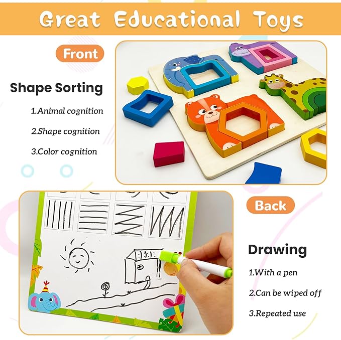 Wooden Montessori Toys for 3 4 Years Old Boys & Girls, Animal Shape Sorter Preschool Learning Toys for Toddlers, Preschool Toddler Puzzles Gift Ideas for Kids (Colored-B)