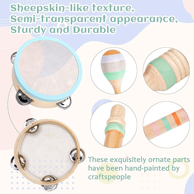 Raimy Musical Instruments Set - Neutral Colors Wooden Montessori Toys Percussion Music Modern Boho Xylophone Birthday Gifts for 1 2 3 Year Old Kids Baby Toddlers Boys Girls 3+ with Storage Bag