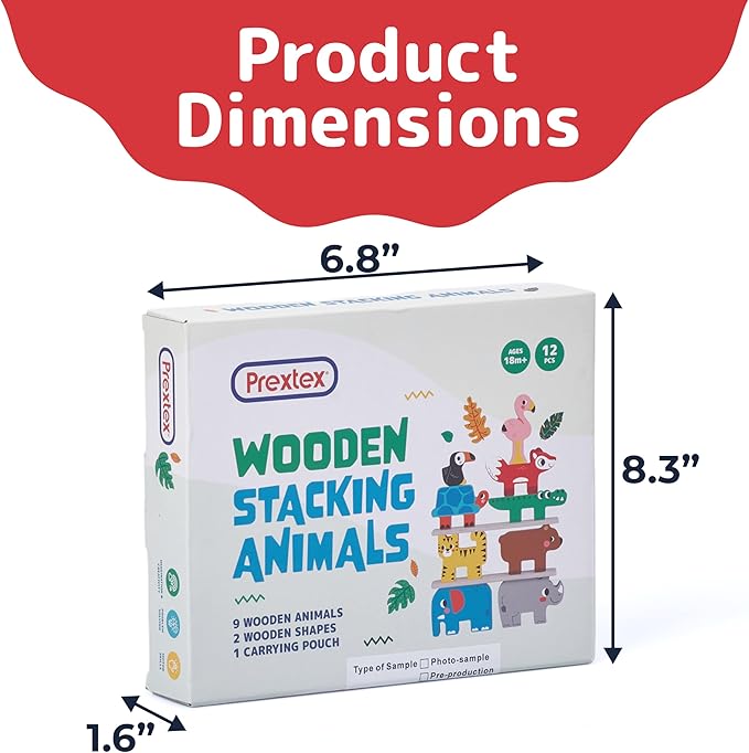 PREXTEX Wooden Stacking Toys - Montessori-Inspired Wooden Sorting Play Set - Educational Balance and Motor Skills Set, Colorful Zoo Animal with 9 Animals, 2 Boards, Carrying Pouch - Ages 18 Months+