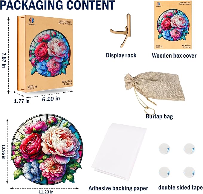 Wooden Jigsaw Puzzles for Adult, Glass Peony Flowers Wooden Puzzle, 200 Piece, Medium Size 11.23" x 10.95", Unique Challenge Puzzle for Puzzle Lover, Premium 5mm Wood, Vibrant Colors