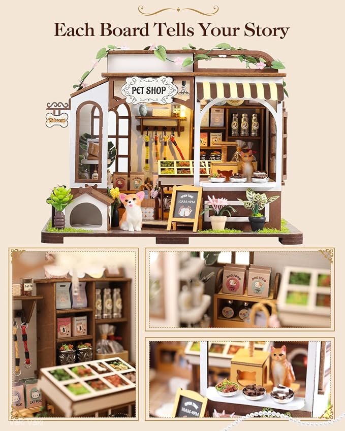 [2025 New] Pet Shop Miniature House Kit with LED Light, Book Nook Kit with Cover for Birthday, 3D Wooden Bookends Puzzle Bookshelf Decor Building Kit Birthday Gifts for Family, Friends