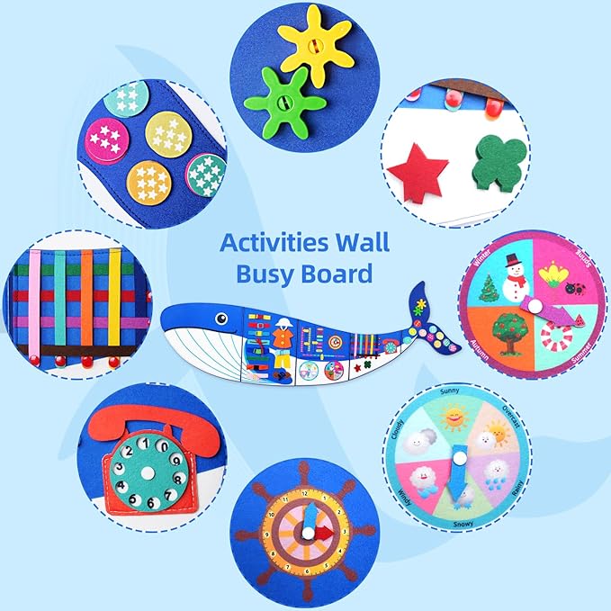 Whale Montessori Busy Board Toddler Busy Board, Foldable Montessoris Toys for 3+ Years Old, Activities Sensory Toys for Toddler Wall Panel﻿