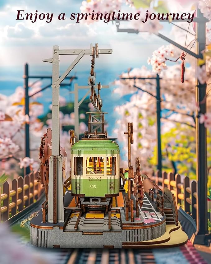 3D Wooden Puzzle Model Kit, LED Light Tram with Cherry Blossoms, 223 Pieces, 6.57 x 5.51 x 9.13 inches