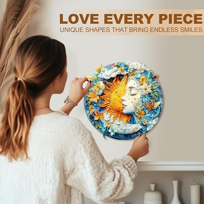 WOODBESTS Wooden Puzzles for Adults, Moon Sun & Girl Wood Puzzles Adult(200 Pieces, M, 11.4 * 11.4in), Unique Shape Wooden Animal Jigsaw Puzzles, Birthday Gifts for Adults Family Game