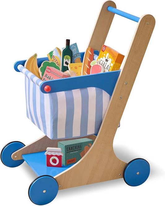Teamson Kids Wooden Shopping Cart for Toddlers with 13 Pretend Grocery Accessories Push Walker Play Food Toy with Rolling Wheels Blue and White Striped Basket for Boys Girls Ages 3+ Safety Certified