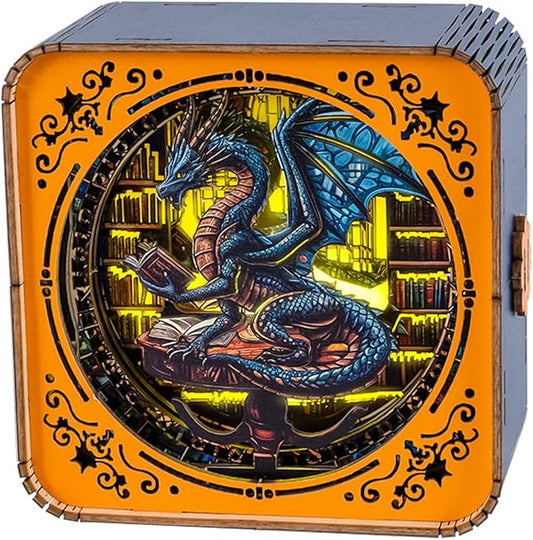 3D Puzzle Nightlight-DIY LED Light 3D Dragon Library Wooden Jigsaw Puzzle-Art Lamp and Craft Kits for Adults-Birthday Gifts Toys-Home Desk Decor Family Game
