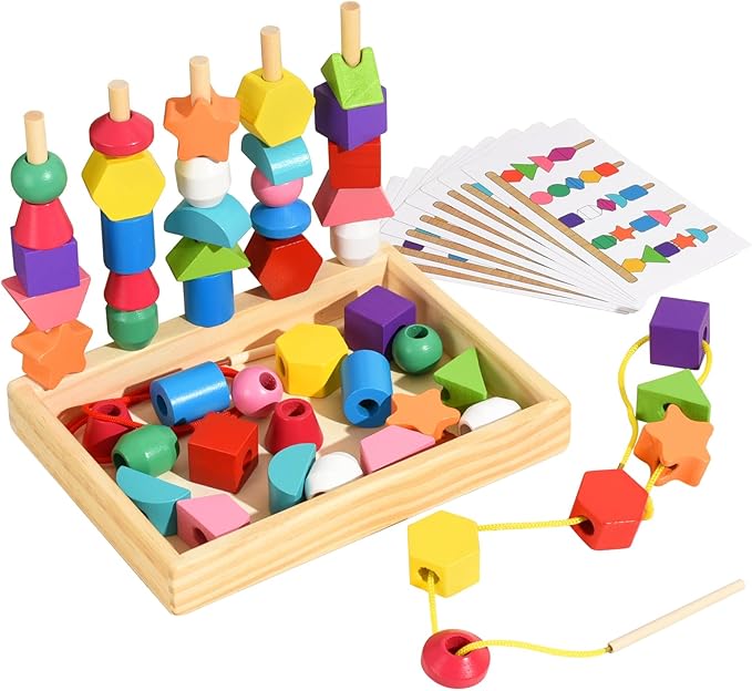 Montessori Bead Sequencing Set for Kids, Wooden Lacing Beads Toys for Toddlers, Matching Color Shape Stacker for 2 3 4 5 Years Old, Preschool Learning Educational Toys Gifts