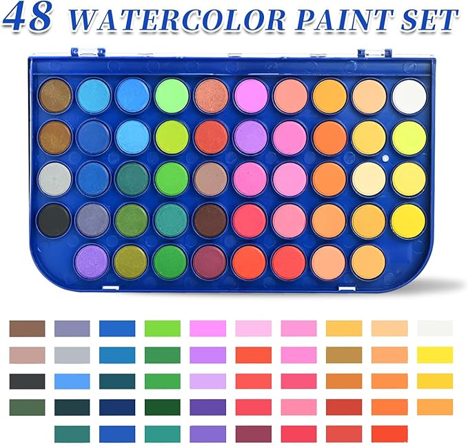Watercolor Paint Set, 48 Colors Non toxic Watercolor Paint with a Brush Refillable a Water Brush Pen and Palette, Washable Water Color Paints Sets for Kids