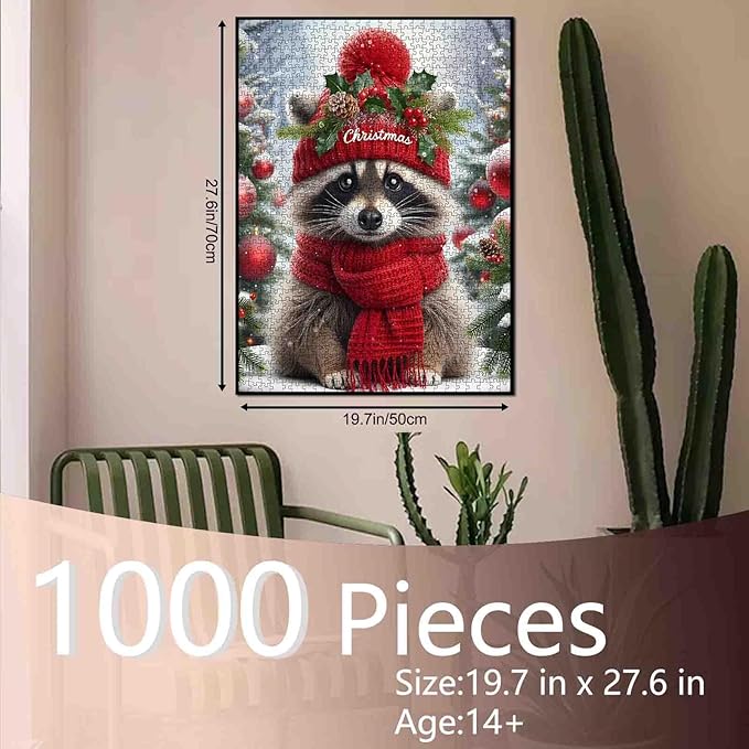 1000 Piece Jigsaw Puzzles for Adults Raccoon Wearing Christmas Hat Jigsaw Puzzle Winter Scene 1000 Pieces Puzzles Family Fun Game Christmas Animal Decor DIY Craft Bedroom Decor Wildlife Puzzle Art
