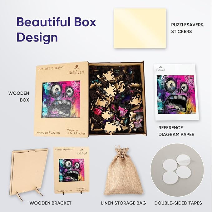 Ruikiyart Wooden Puzzles for Adults,5MM 200 Pieces Funny Scared Expression Wooden Jigsaw Puzzles, Unique Shaped Puzzle Gifts for Adults and Kids on Christmas,Family Puzzle Games(Purple,11.2''x 11.2'')
