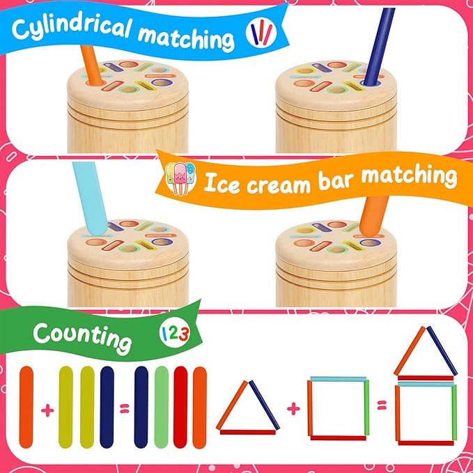 Wooden Sorting Toys Montessori Color & Shape Sorter Class Activity Toddlers Fine Motor Game for Colors and Shapes Recognition, Birthday New Year Valentine's Gifts for 2-5 Year Old Boys and Girls