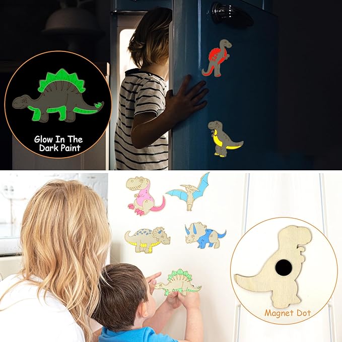 LARDUX Dinosaur Party Favors, 24PCS DIY Wooden Arts & Crafts Painting Kit for Kids, Glow in The Dark Party Favors Family Crafts Birthday Party Christmas Gifts Toys for Boys Girls