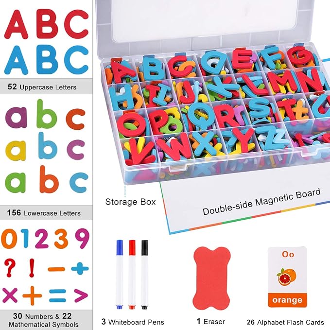Magnetic Letters Kit, A-Z Foam Magnetic Letters, Alphabet Letters with Large Double-Side Magnet Board and Learning Cards, Educational Refrigerator Magnets for Preschool Learning Spelling (Colorful)