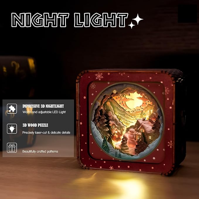 3D Puzzle Nightlight-DIY LED Light Winter Night Wooden Puzzle-Art Lamp and Craft Kits for Kids and Adults-Birthday Gifts Toys-Home Desk Decor Family Game