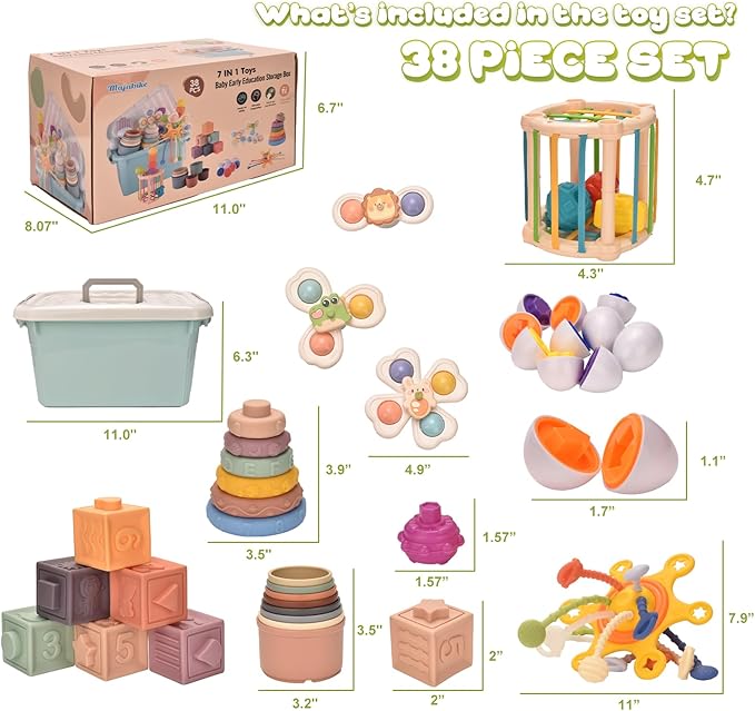 Montessoriii Toys for 1 Year Old,Baby Toys 6-12 Months,Stacking Building Blocks & Soft Infant Teething & Matching Eggs for Toddlers 6-9-12 Months,Baby Boys&Girls Gifts(7 in 1)