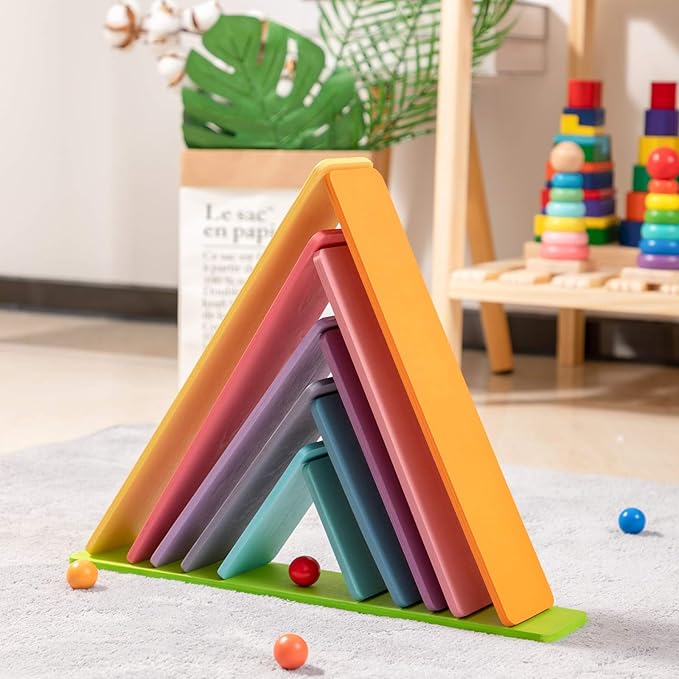 Wooden Pastel Building Board, 11Pcs Rectangle Rainbow Straight Slats, Wooden Rainbow Stacking Toy, Learning Creative Thinking Toys