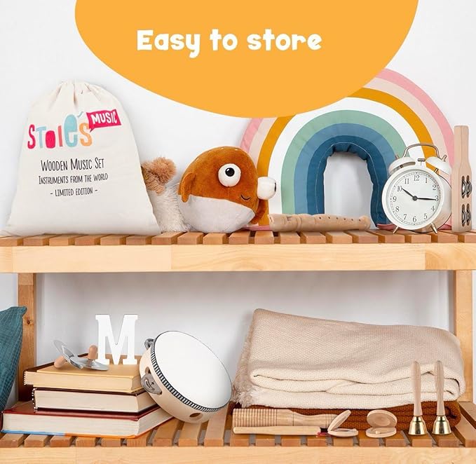 Stoie's Wooden Kids Musical Instruments for 3-9 Years Old, with Drum, Flute, Hand Bells, Cymbals, Castanets, Triangle, for Babies and Toddlers, Durable, Safe, Montessori Educational Toy, Storage Bag