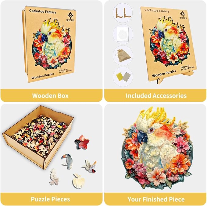 Wooden Jigsaw Puzzle, 200-500 Pieces Unique Shape Animal Puzzle, for Adults & Kids, Birthday Gift Family Game, Decorative Puzzle, Unique Gift (Cockatoo Fantacy, 200 PCS)