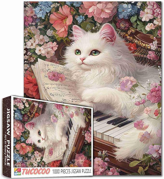 White Cat Lying On Antique Piano Jigsaw Puzzles for Adults 1000 Pieces, Garden Musical Instruments Animal Kitten Art Puzzles for Challenging Family Activity Games DIY Crafts Puzzle Home Decor Gifts