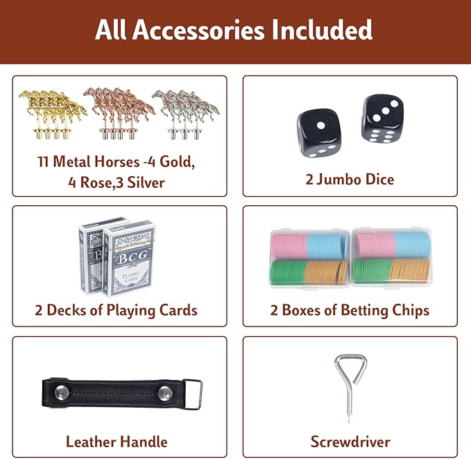 26.4in Wooden Horse Race Board Game for Adults – Foldable Horse Racing Game Board with 11 Metal Horses, 2 Jumbo Dice, 2 Decks of Cards, 2 Boxes of Chips – Party Horse Game Night for Family & Friends