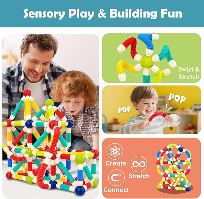 nicknack 2 in 1 Magnetic Blocks Building Toys for Kids, Toddler Boy Toys 3 4 5 Years Old, Preschool STEM Educational Montessori Toys - Magnet Pop Tubes & Balls - Birthday Gift for Boys Girls Age 3-5