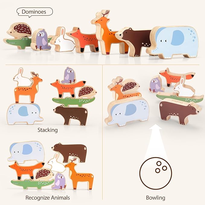 PairPear Large Wooden Animal Stacking Blocks for Toddlers, Montessori Toys Building Stacking Toys & Bag, Educational Balancing Activity Toy for Kids Toys Age 18 Months+