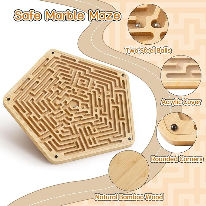 Labyrinth Board Game with Two Metal Balls,Wooden Marble Maze Games,Marbles-Balancing & Strategy Game, Brain Teasers Puzzle Toy Gifts for Kids Teens Adults