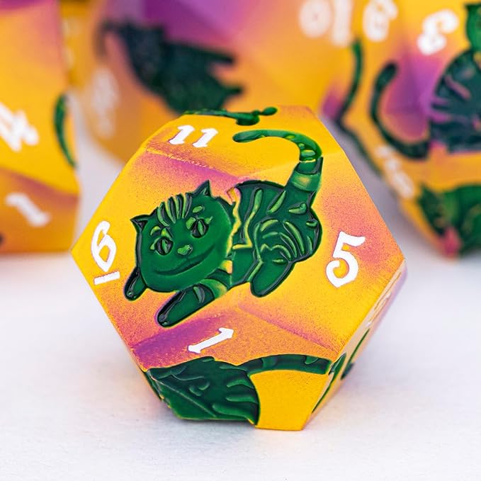 Metal DND Cat Dice 7PCS Polyhedral RPG Dice Set with Gift Case for Dungeons Dragons Role Playing Game, D and D Dice D6 D8 D10 D12 D20 D% (Yellow Green)