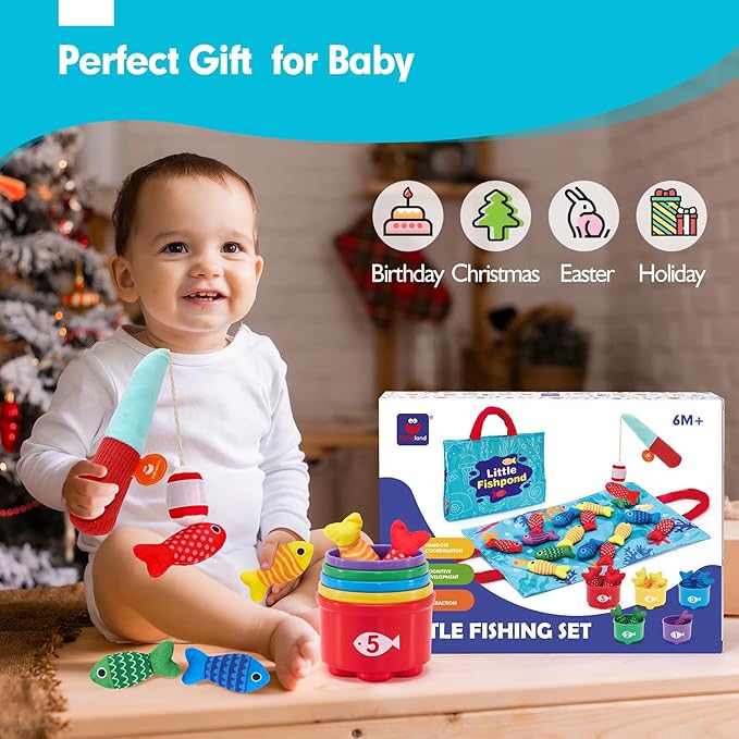 hahaland Toddler Toys Montessori Toys for 1 Year Old Boy Girl Birthday Gift - 10 in 1 Cloth Fishing Game for Toddler 1-3 with Stacking Cups - Number Counting, Color Sorting Learning