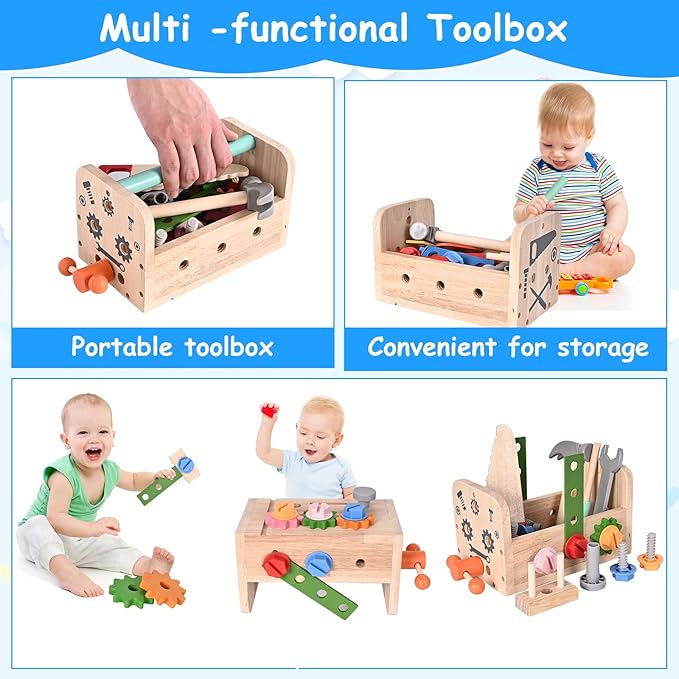 Wooden Tool Set for Kids, 38 PCS Pretend Play Construction Toys with Tool Box, Screws, Nuts, Montessori Learning Toy for Toddlers Ages 3 4 5 6 Years Old Boys Girls