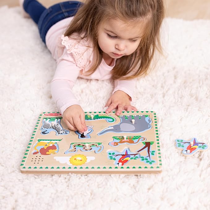 Melissa & Doug Zoo Animals Sound Puzzle – 8-Piece Wooden Peg Puzzle with Light-Activated Sounds, Music Learning Toy for Toddlers and Preschoolers Ages 2+