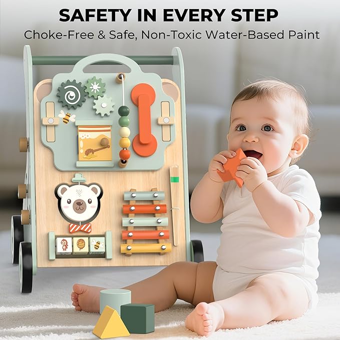 Wooden Baby Walker, Adjustable Speed Baby Push Walker for 1 Year Old, 10-in-1 Montessori Walker for Boys & Girls, Toddler Sit-to-Stand Learning Toy with Detachable Busy Board