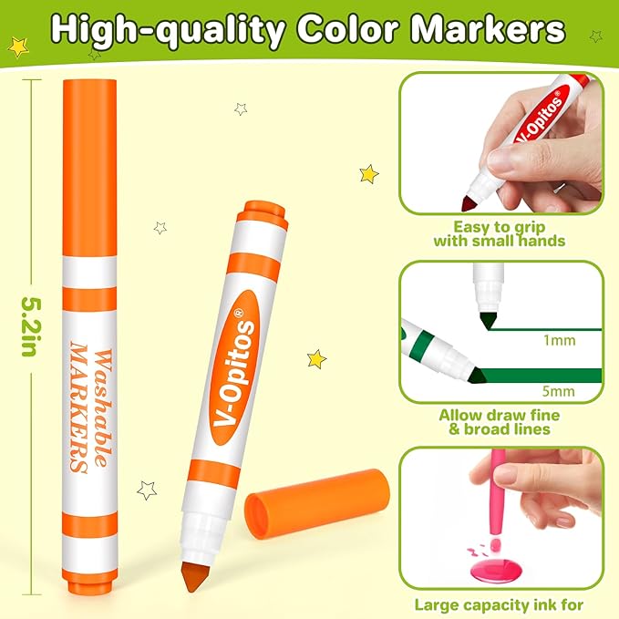 V-Opitos 24 Colors Washable Markers for Kids, Colored Broad Tip Markers Set for Coloring Book, Ideal School Classroom Supplies